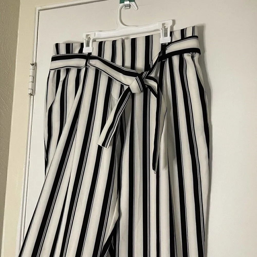 River Island Black stripe tie waist tapered trousers size US 14